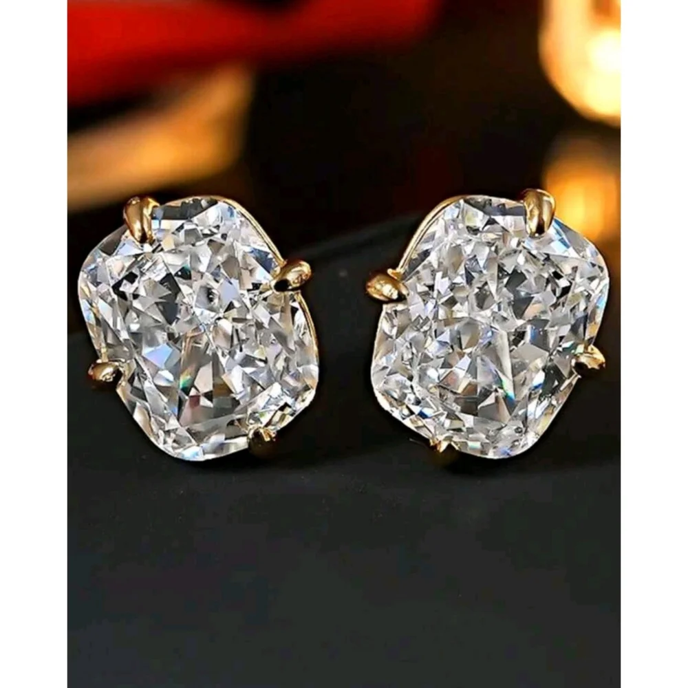 8 ctw Cushion Cut Simulated Diamond Studs Set in Yellow Gold Prongs - Picture 2 of 4